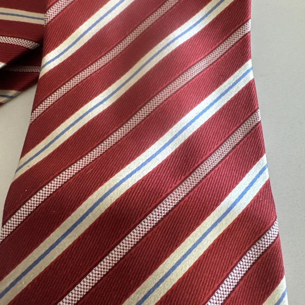 Ermenegildo Zinga 100% Silk Tie Red‎ White Blue Stripe Pattern